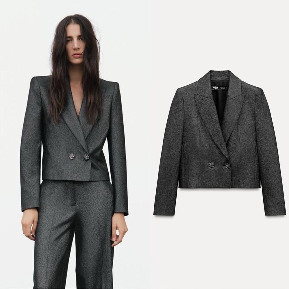 NWT Zara Grey Crop Blazer Short Shiny Size XS